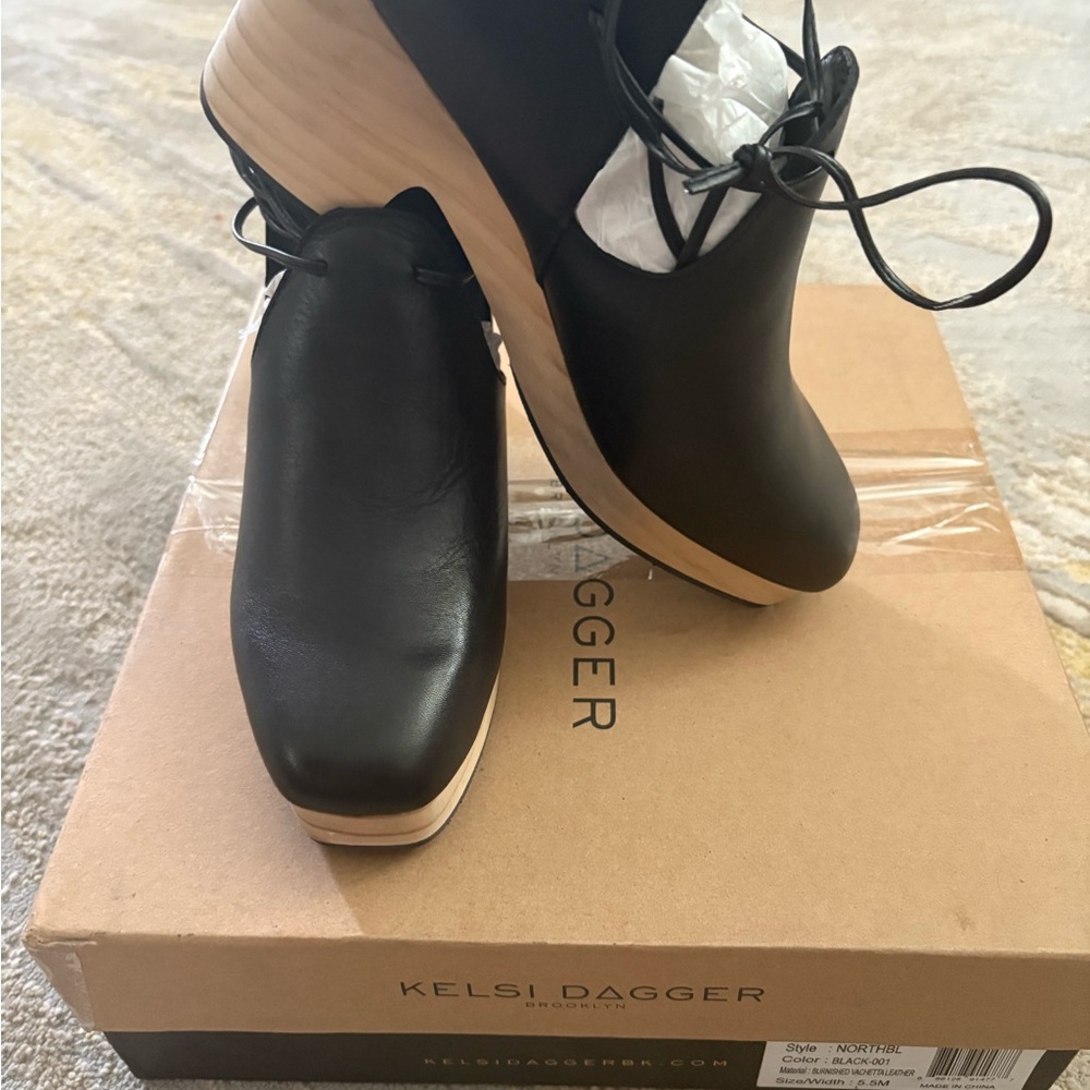 Kelsi Dagger Black Ankle Booties with Wooden Heel